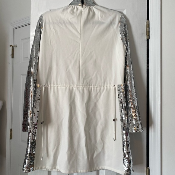 TIBI- Sliver Sequin Drawstring High Neck Contrasting Longsleeve Mini Dress - Picture 7 of 9
